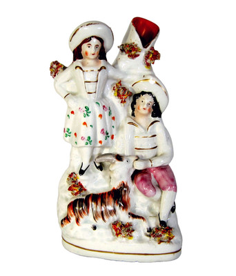 Antique 1800s English Staffordshire Pottery Figural Spill Vase Couple + Goat