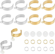 Ring Set Including 10Pcs Adjustable Stainless Steel Ring 10Pcs Flat round Charms