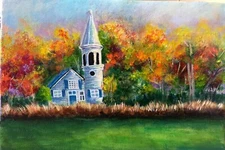 Church Fall Colors, acrylic miniature original painting, OOAK, signed
