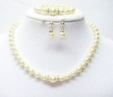 Ecru Glass Pearl Necklace/Bracelet/Earrings w/Rhinestone Set for Young Girl