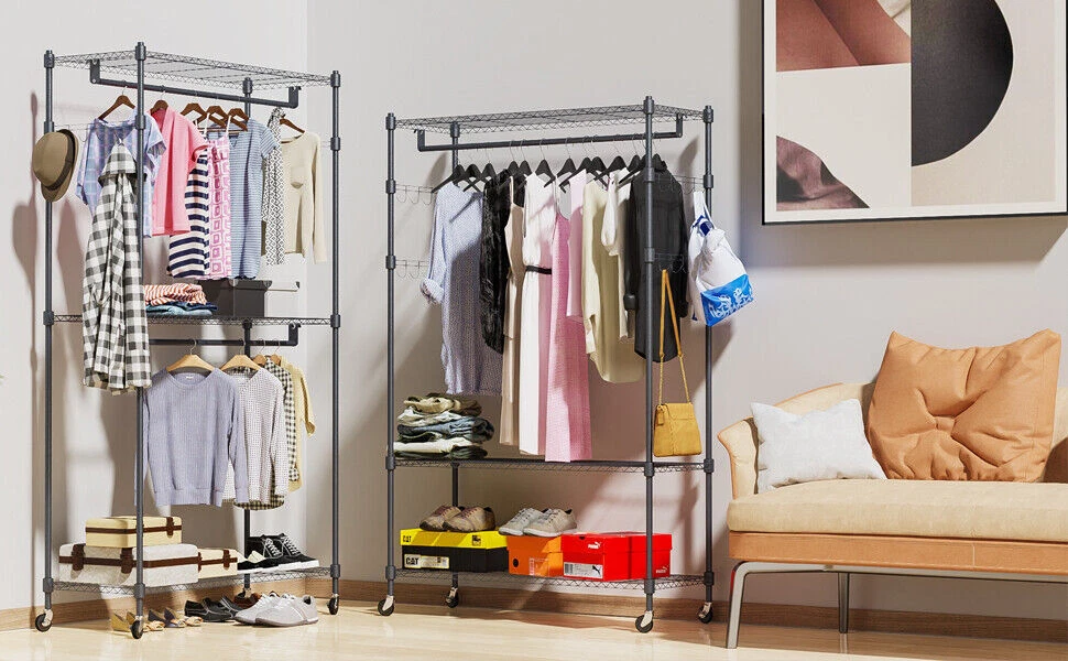 Heavy Duty Rolling Garment Rack 3 Tier Wire Shelving Clothes Rack for Clothing