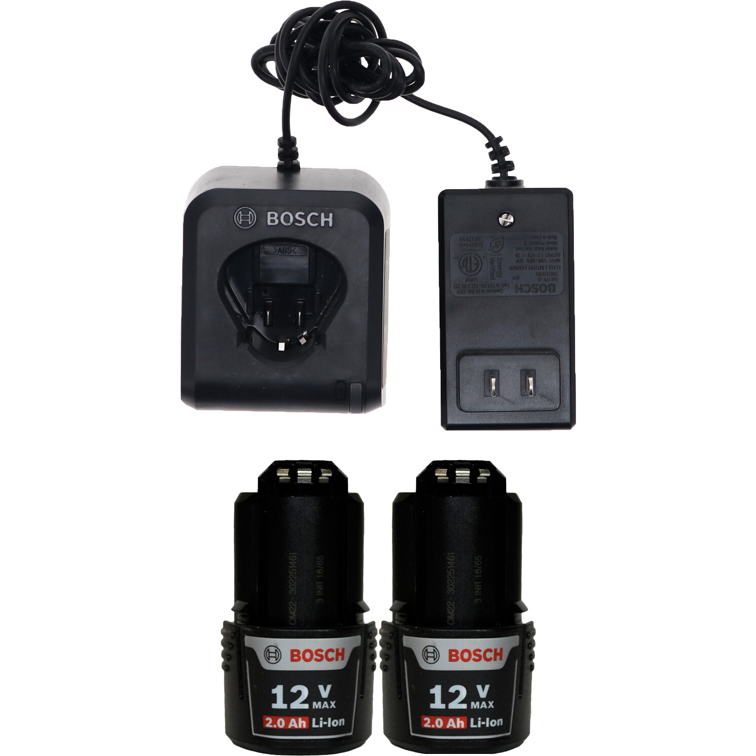 Bosch GAL12V-20 12V Battery Charger and (2) BAT414 12V Batteries