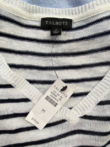 Talbots Medium Blue Striped Linen Light Knit Top Sweater V Neck 3/4 Sleeve - Picture 5 of 8