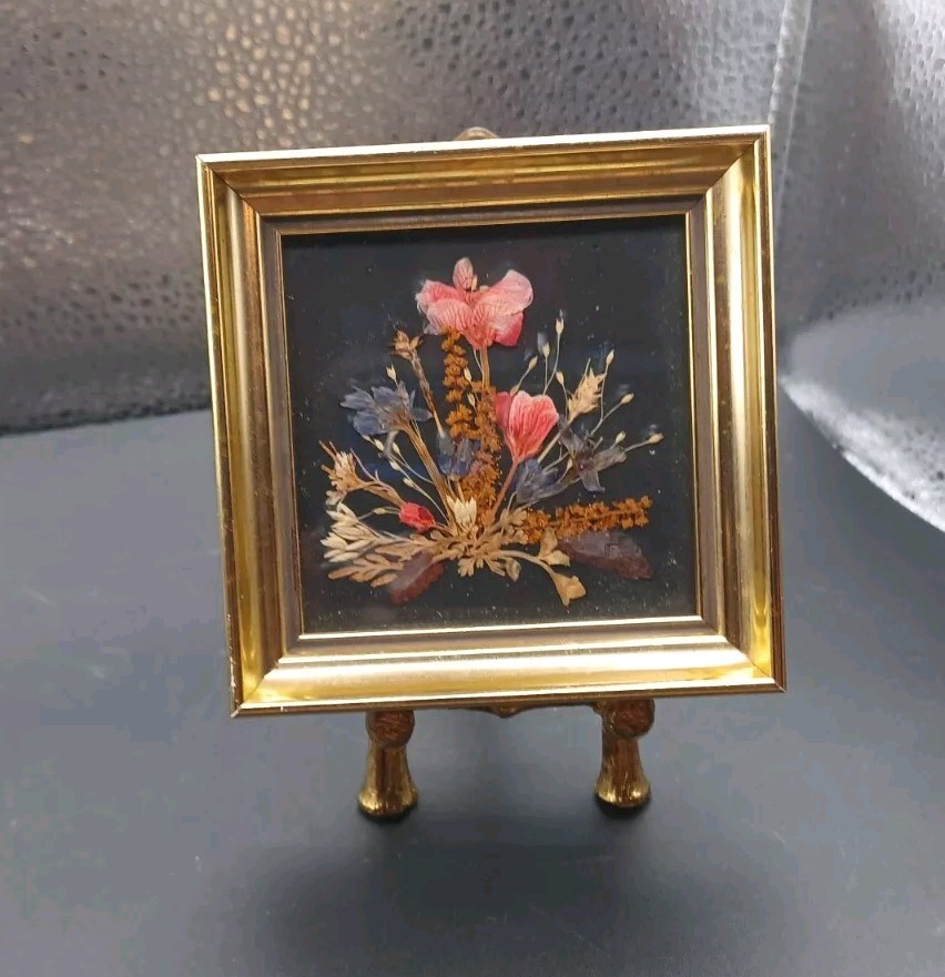 Vintage Dried Flowers Pictures Reichlin Switzerland Framed On Bamboo Metal Stand-image