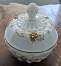 Vintage Westmoreland Milk Glass Covered Candy Dish Gold Accents Grapes