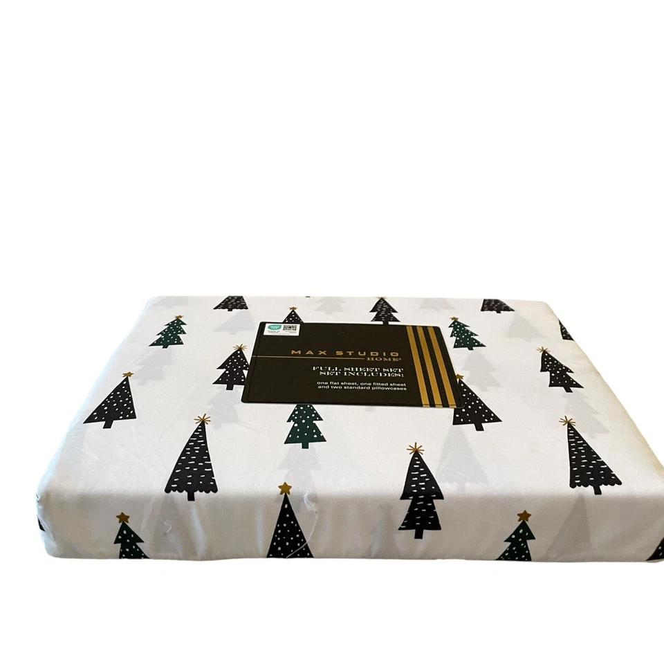 Juego de sábanas impresas de árbol de Navidad Max Studio Block de 4 piezas COMPLETAMENTE ropa de cama elegante de vacaciones Foto 2 de 4