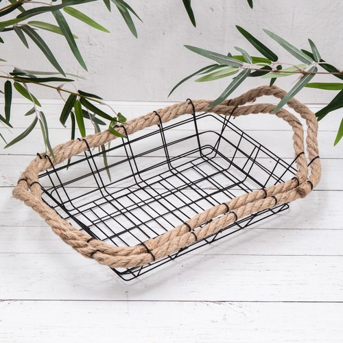 2 x Rustic Metal Black Wire Rope Bread Fruit Veg Storage Display Basket Kitchen - Picture 2 of 8