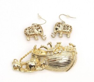 Authentic TOFA Gold Plated Noah's Ark Brooch Pin & Pierced Hook Elephant Earrings Animals
