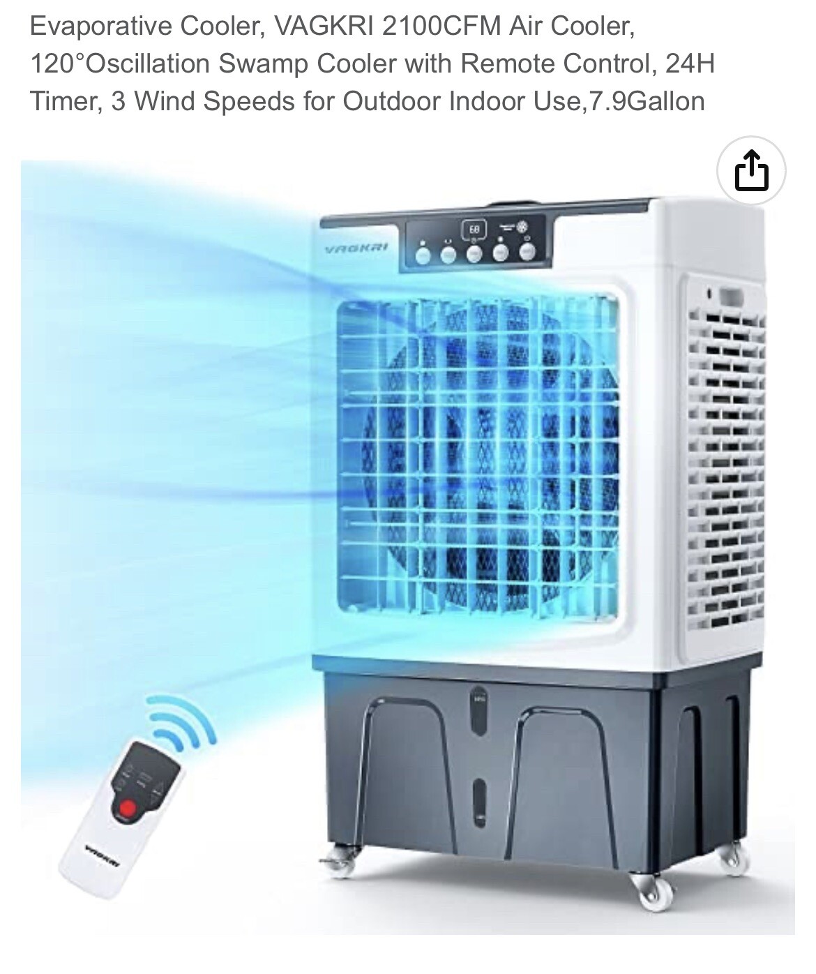 Vagkri VAEC01 Evaporative Air Cooler 120 Oscillation w Remote Control