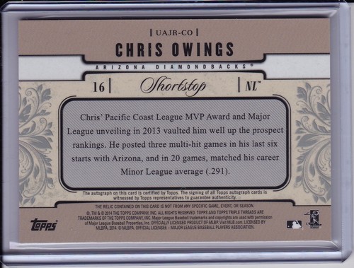 Chris Owings 2014 Topps Triple Threads Auto Relic /99 Jersey Autograph Card - Picture 2 of 2