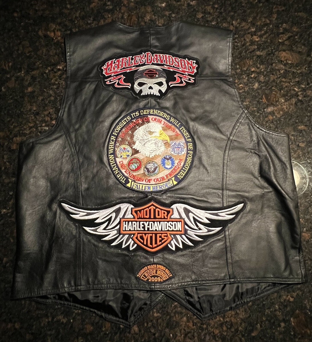 Vintage Harley Davidson Men's Black Leather Embroidered Vest Size