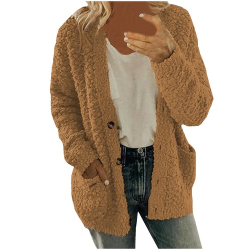 Damen Langarm Fleece Flauschige Strickjacke Pullover Tasche Mantel Jacke Oversize - Bild 11 von 32
