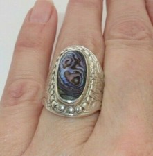 Vintage Sterling Silver 'ABALONE' Ring, Hand etched, Gorgeous Colors, Size 7