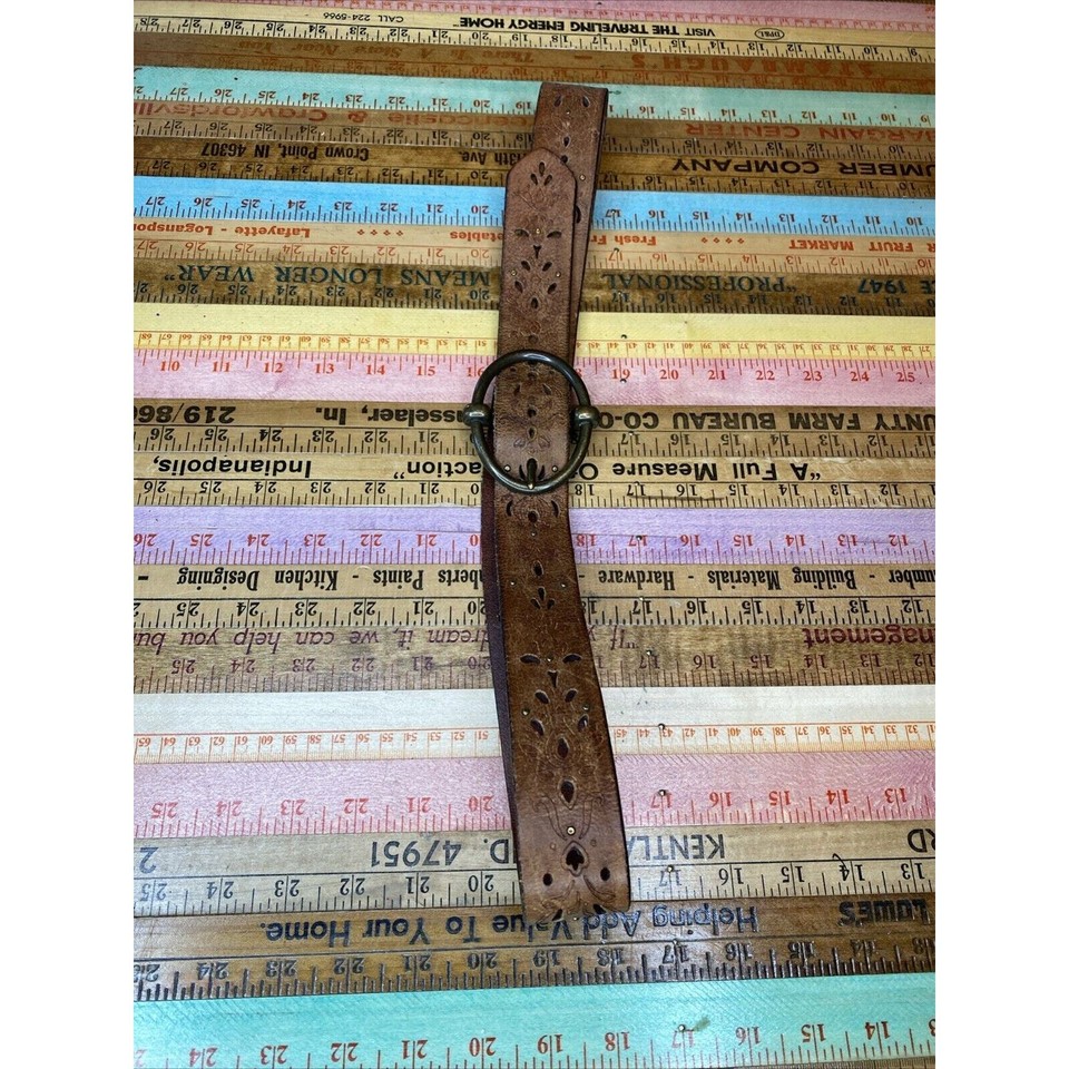 Vintage Womens Leather Brown Studded Boho Belt Gold Tone Buckle Cowgirl