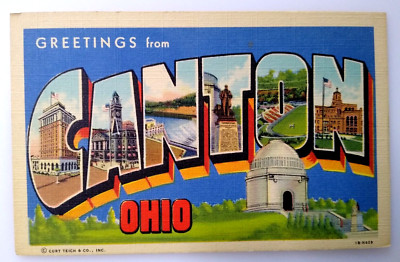 Greetings From Canton Ohio Large Big Letter Linen Postcard Curt Teich Unused