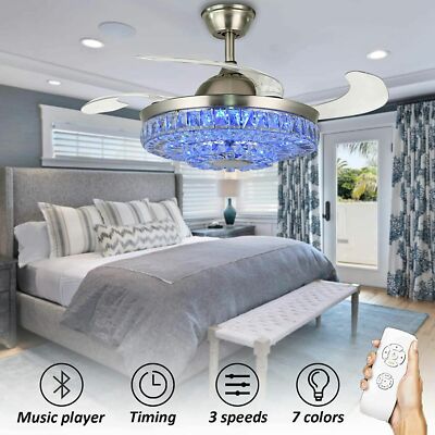 42'' Bluetooth Led 7-Color Chandelier Crystal Ceiling Fan w/Remote+Music Player