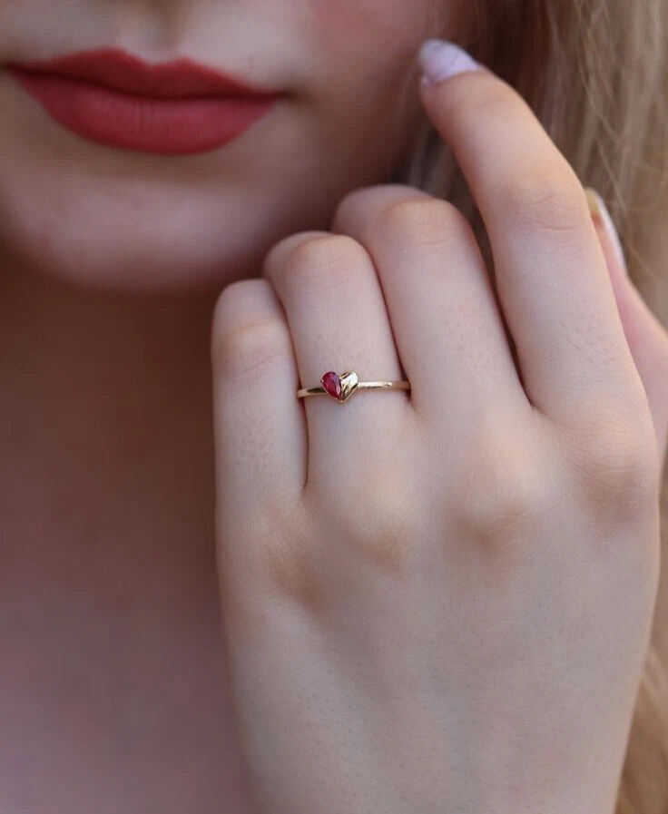 10K Yellow Gold With Simulated Ruby & Half Golden Heart Wedding Ring For Women - Image 2 of 4