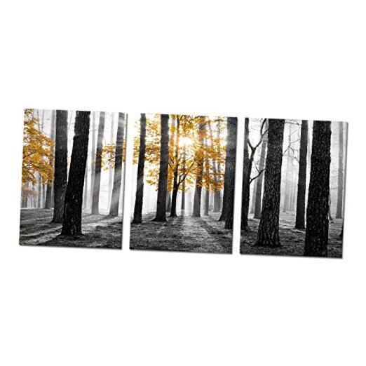 3 Pieces Black and White Fall Sunrise Forest Canvas Wall Art Decor Yellow