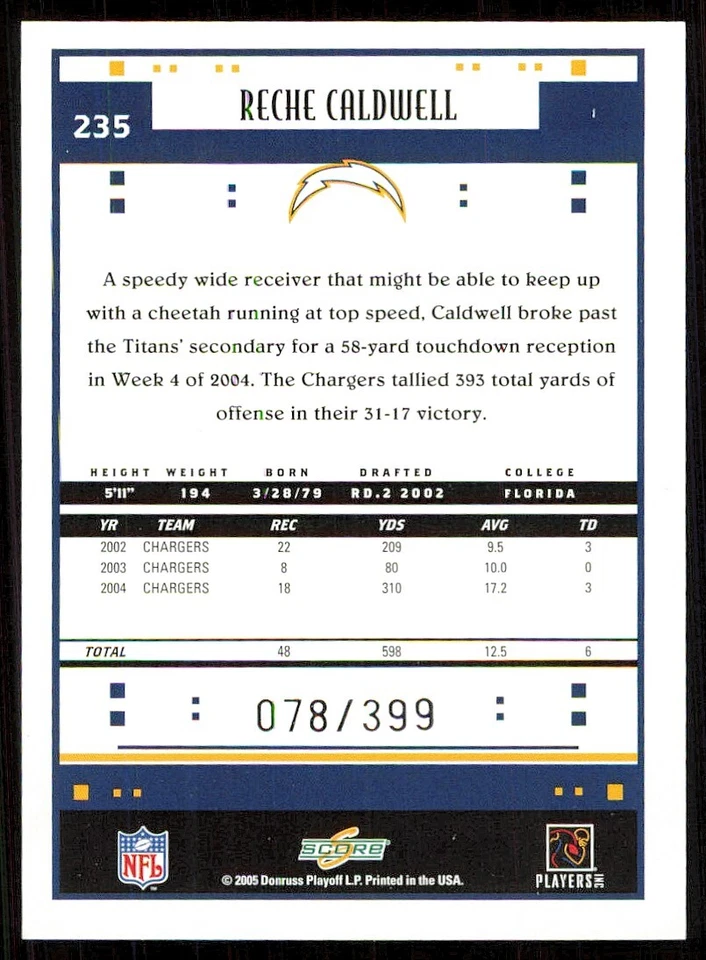 2005 Score Adrenaline #235 Reche Caldwell /399 - Image 2 of 2