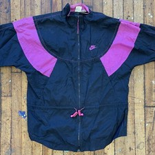 Vintage 80's NIKE Large Pull Waist / Full Zip Black / Pink Windbreaker Jacket