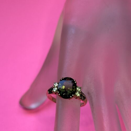 Natural Green Moldavite , Green Diamond , Tsavorite Garnet Ring Sz9 10kYG