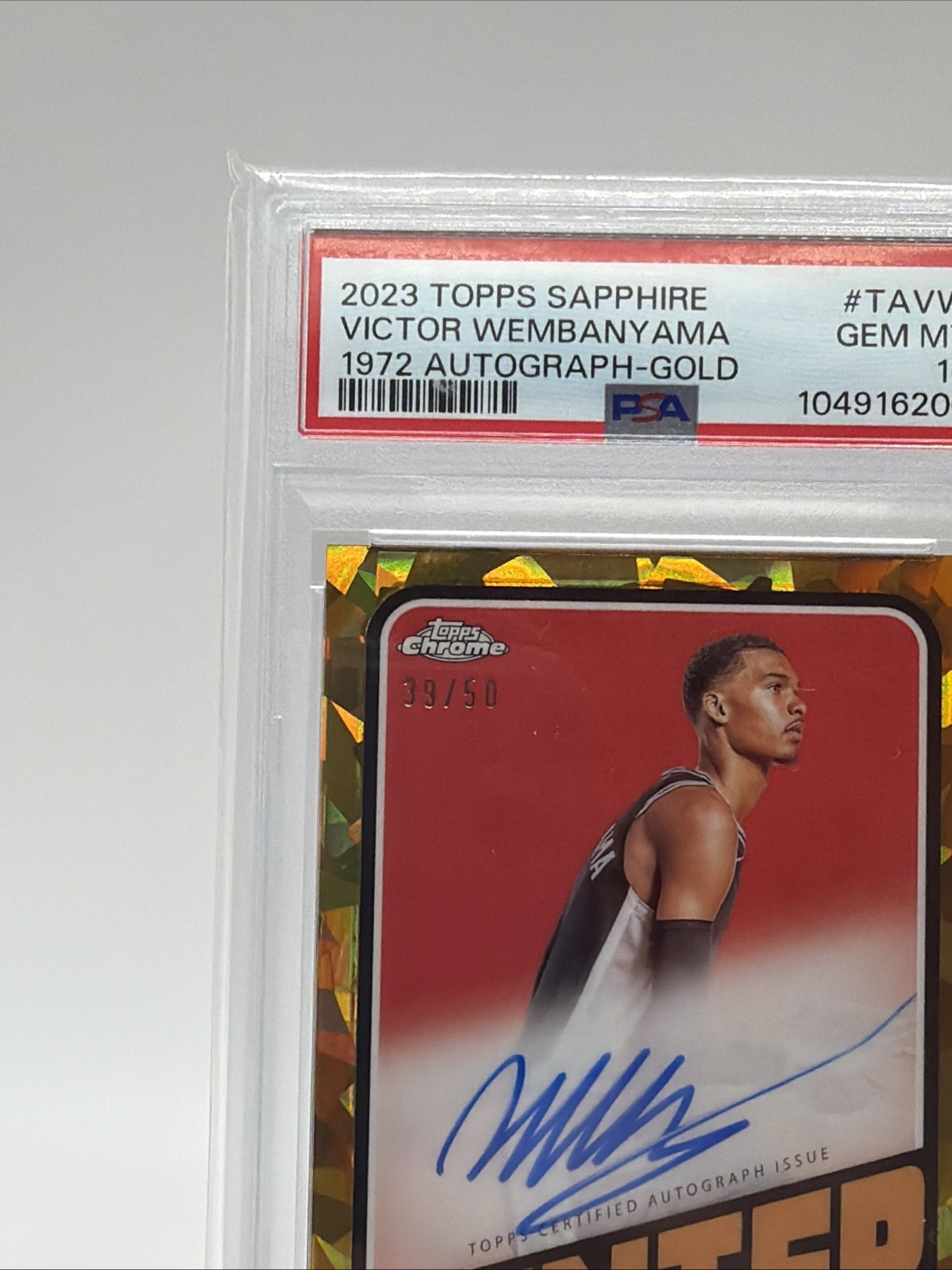 2023 Topps Chrome Sapphire Victor Wembanyama GOLD REFRACTOR RC AUTO #/50 PSA 10 view 3