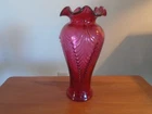 Vintage Fenton Ruffled 11" Cranberry Glass Vase Marked with fern print