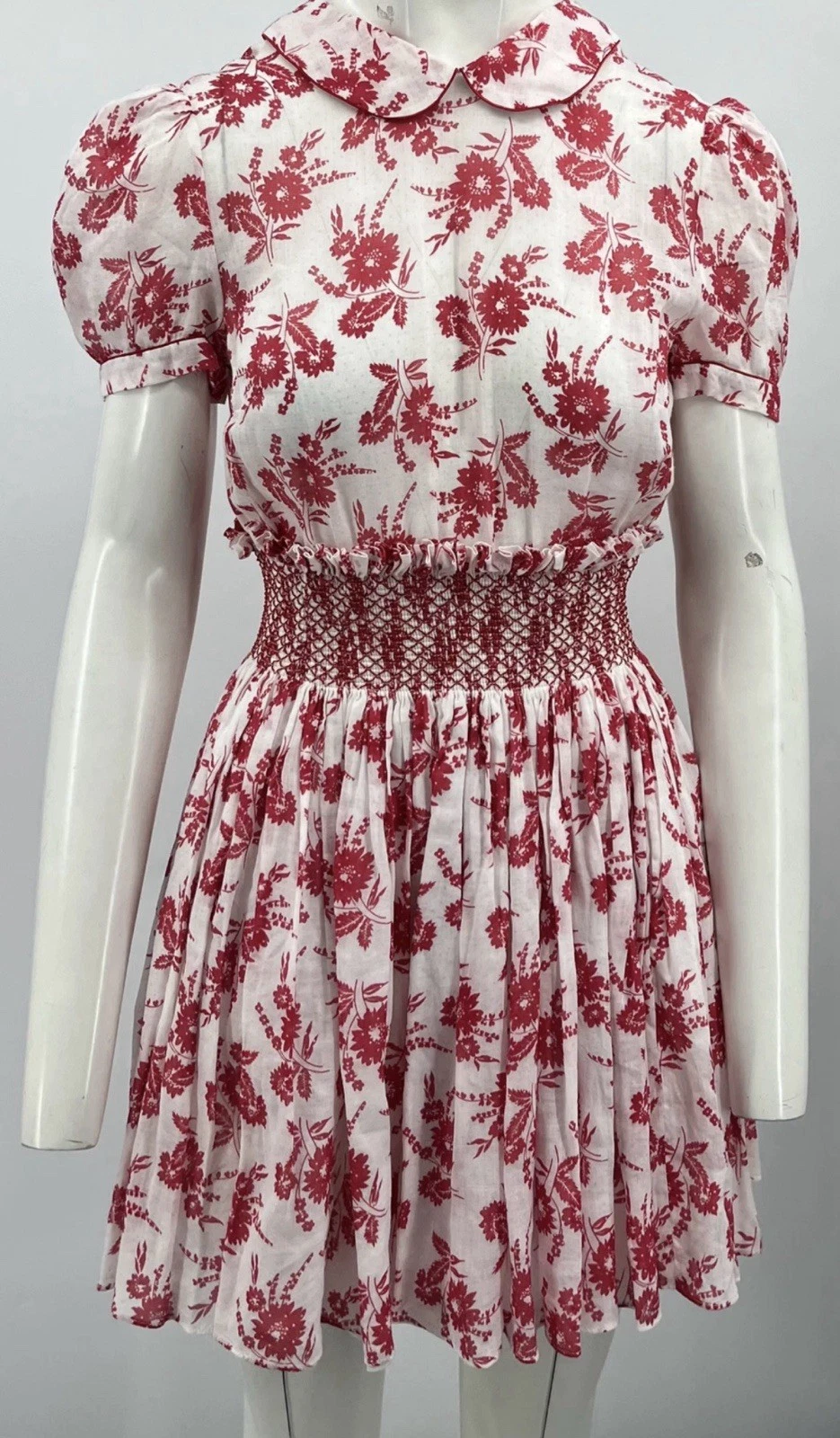 Mini Abito Miu Miu Bianco Rosso Stampa Floreale Vita Smocked Tg 42