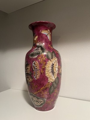 Vintage WBI Chinese Vase Porcelain Floral Design Blue Pink 12  Tall Gold Outline