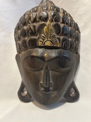 VINTAGE INDONESIAN HAND CARVED WOOD BUDDA MASK FOLK ART WALL HANGING