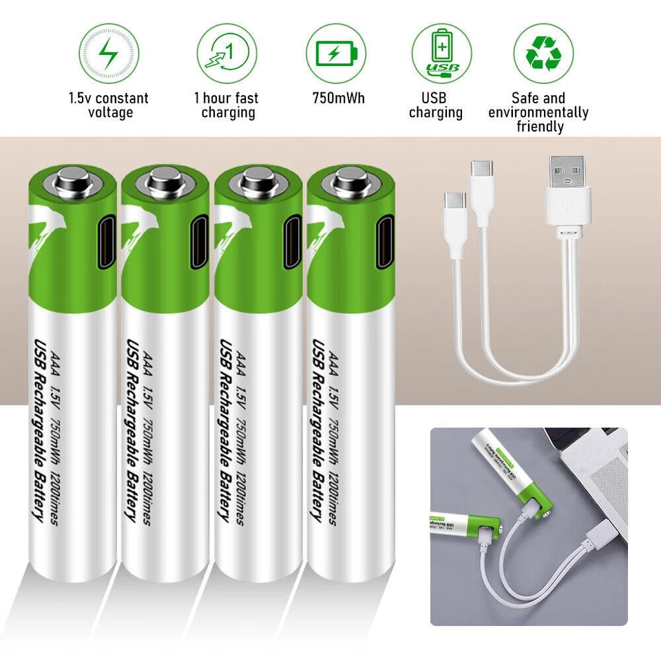 AAA Lithium Recharge Battery 1.5V Fast Charger Type C Cable Lot 750mWh 4PK - Image 3 of 4
