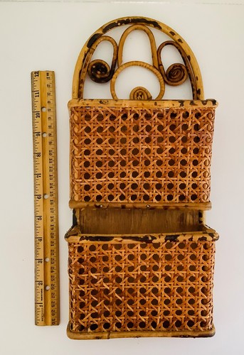 Vintage Wicker & Bent Bamboo 2 Basket Wall Hanging Mail Paper Holder Organizer - Picture 10 of 10