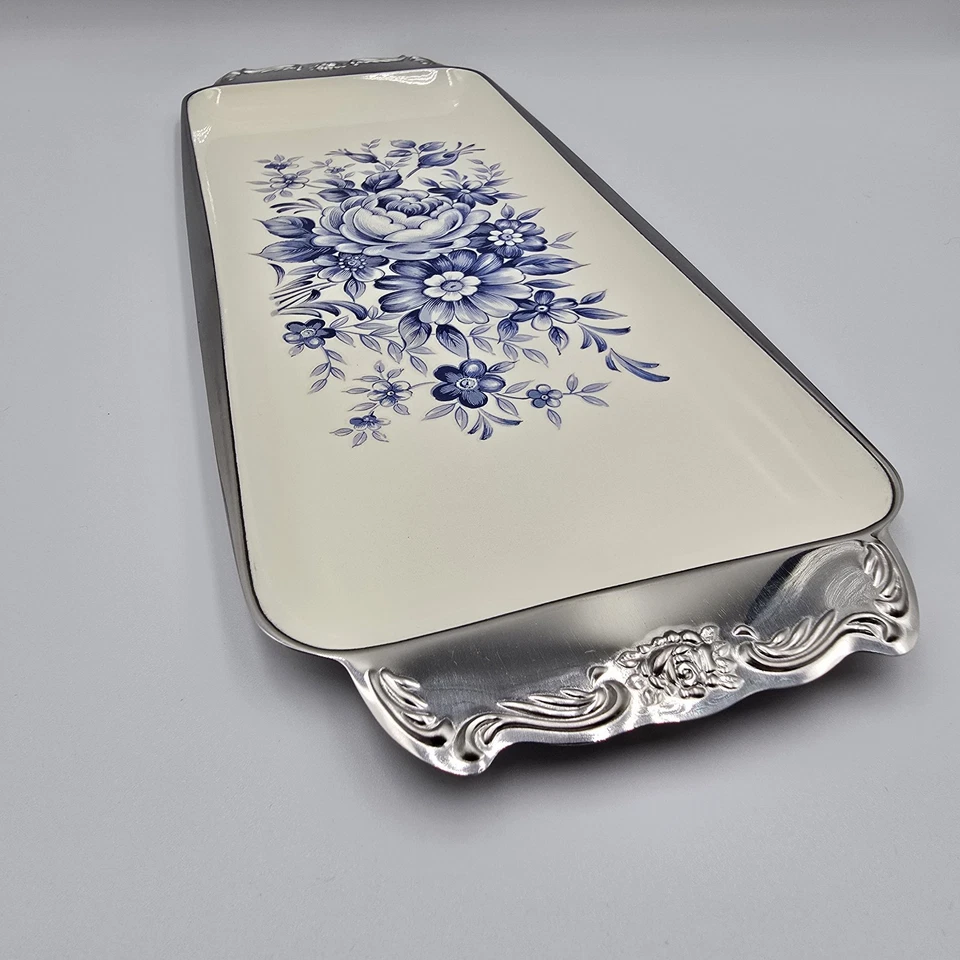 Vintage Blue Floral Enamel Tray Stainless Steel Lamb Mark - MCM Japan with box - Image 2 of 4