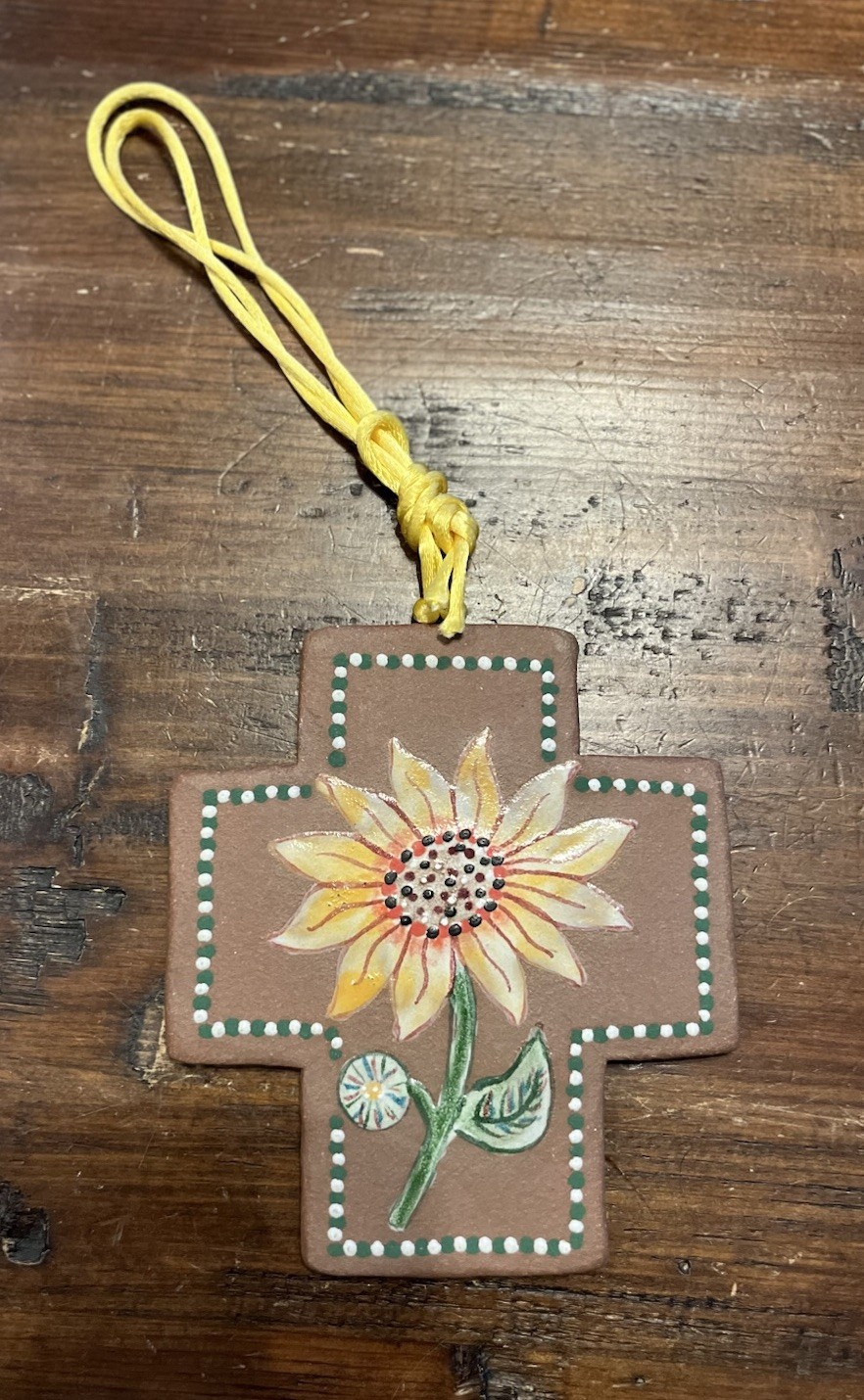 VTG Sydell Riverplace Pottery Hand Painted Cross W/Sunflower Signed Studio Art