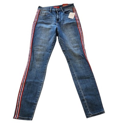 Guess LA Jeans Red White Blue Side Stripe Skinny Metal Triangle Womens US 29