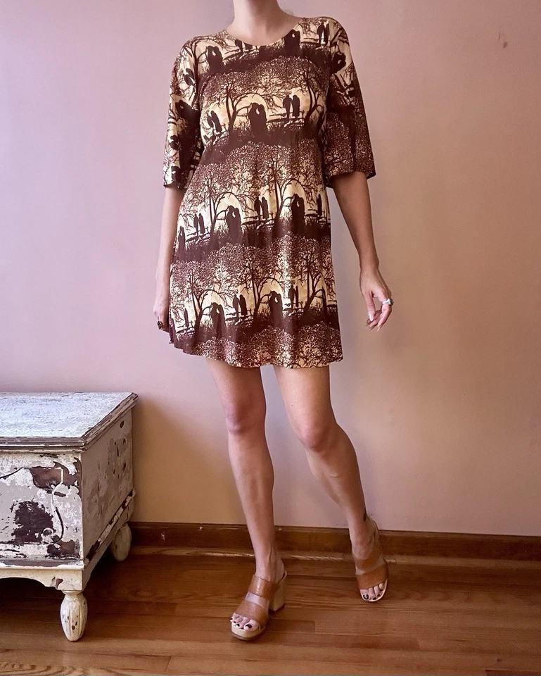 Vintage 70s Novelty Print Lovers Tree Bell Sleeve Hippie Boho Mini Dress M L - Image 3 of 4
