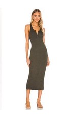 Enza Costa Olive Green Ribbed Henley Sleeveless Racerback Tank Midi Dress M