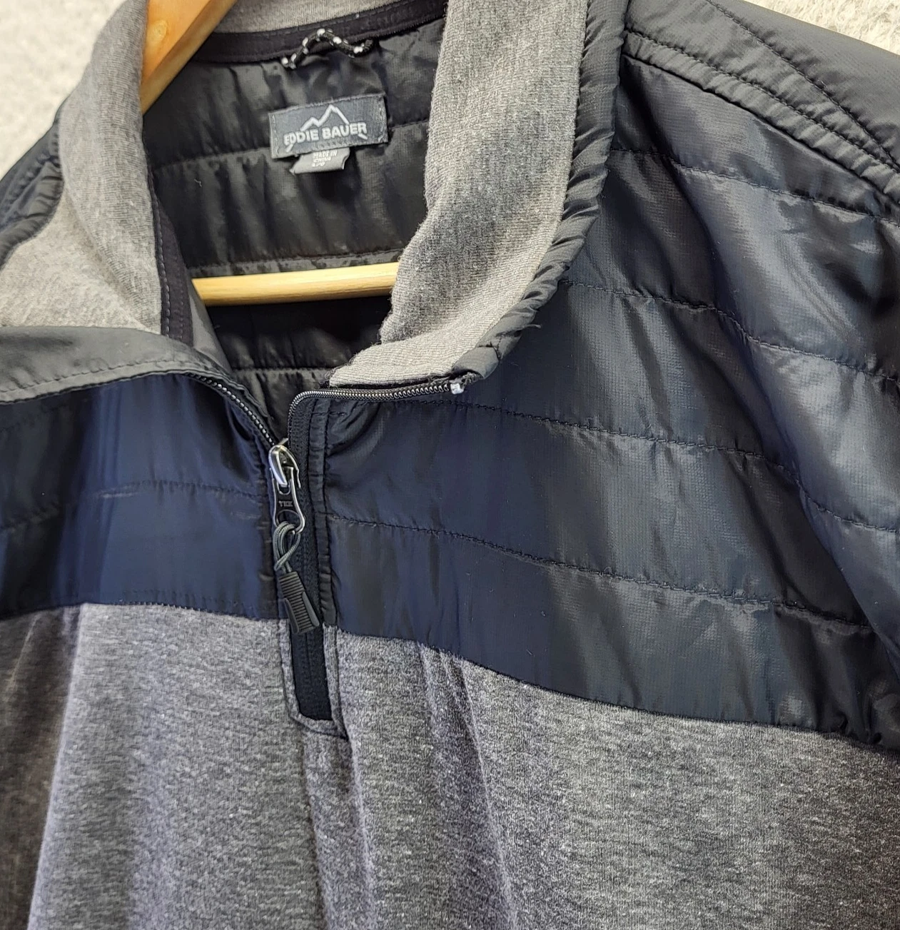 Eddie Bauer 1/4 Zip Fleece Anorak Jacket Mens Large Gray Black Zip Pocket
