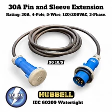 30A IEC 60309 PIN and Sleeve Extension Cable, HBL530C9W, HBL530P9W