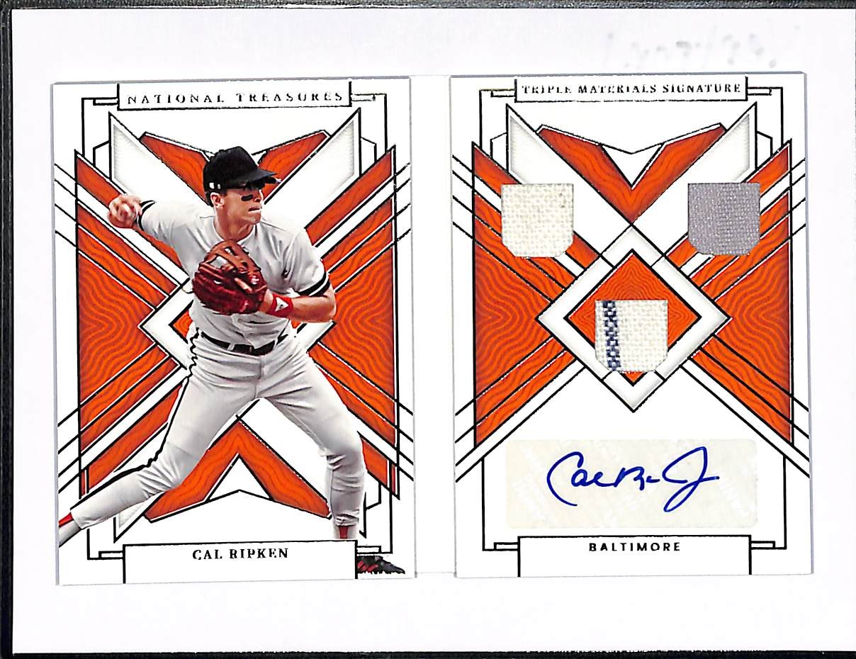 2022 National Treasures Cal Ripken Jr. Triple Patch Material Auto Booklet #7/15 view 1
