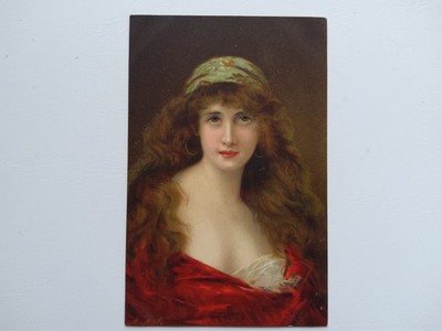 Original Vintage Chromo Kunst Postkarte signiert A. Asti Glamour Frau '' Julia ''