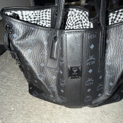 #ad MCM Black Logo Monogram Tote Drawstring Closure Silver Hardware Inner Pockets $300.00