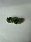 Vintage Earrings Costume Jewelry Green Stone Gold Tone Metal Pierced Stud 3/4 In