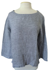 NWT Tahari Navy White Seersucker Striped Linen Blouse Knit Top Long Sleeve M