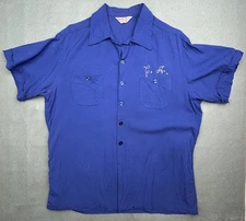 Vtg Rayon Bowling Shirt 40s 50s Chain Stitch Loop Collar So Cal Gas Rockabilly