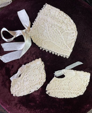 SUPERB antique lace christening bonnet and booties - handmade OLD LACE