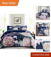 Floral Quilt Queen Size - 3 Pieces Navy Blue Quilt Botanical Bedspread Soft L...