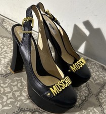 Moschino Womens Size 6.5 Black Leather Gold Logo Platform Slingback Heels Italy