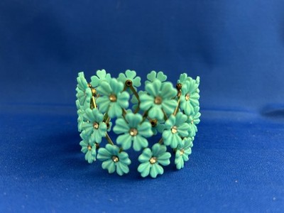VTG 1950s-60s Gold tone EXPANDABLE Turquoise Daisy FLOWER LINK CUFF BRACELET