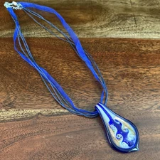 Vintage Murano Style Art Glass Pendant Necklace Blues & Gold Metallic